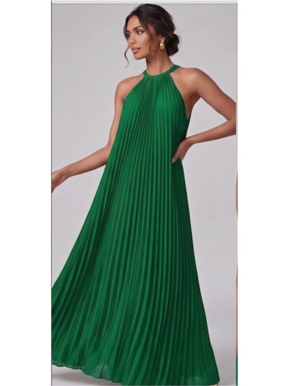 Green Accordion Pleated Halter Maxi Dress